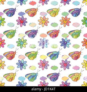 Butterfly on a white background among flowers and clouds. Seamless pattern. Illustration for your design. Stock Vector