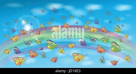 Butterflies in the sky and a rainbow. Concept of lightness and airiness. Horizontal orientation of the sheet. Illustration for your design. Stock Vector