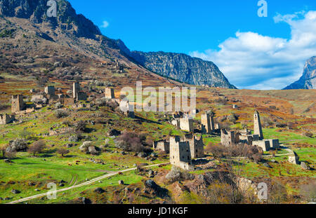 beautiful landscape of Egikal ancient towers and ruins in Ingushetia Jeyrah ravine, Republic of Ingushetia, Russia Stock Photo