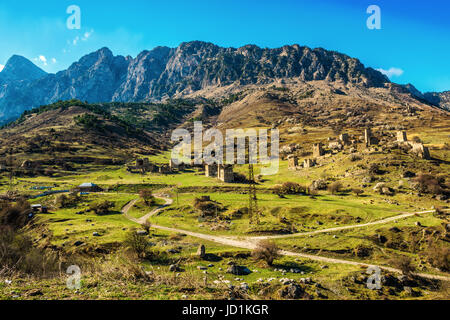 beautiful countryside of Egikal ancient towers and ruins in Ingushetia Jeyrah ravine, Republic of Ingushetia, Russia Stock Photo