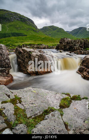 Long shutter speed image of waterfalls on Glen Etive, Argyll, Scotland. Stock Photo