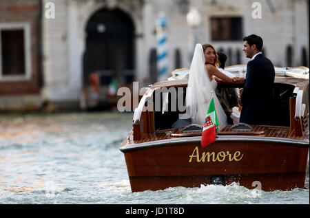 Alice Campello and Alvaro Morata during the grand canal wedding procession in Venice Stock Photo