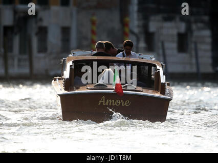 Alice Campello and Alvaro Morata during the grand canal wedding procession in Venice Stock Photo