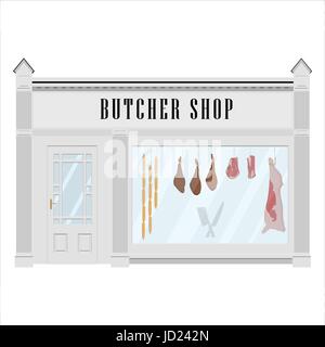 Building meat shop. Sausages market butcher store outdoor, grocery deli ...