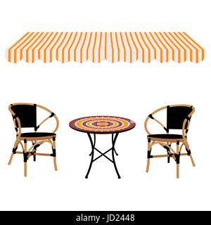 Vector illustration striped shop window awning round table and bamboo chairs icon.  Restaurant furniture Stock Vector