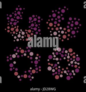 Isolated abstract round shape lilac color logo set, dotted stylized sun logotype collection on black background vector illustration. Stock Vector