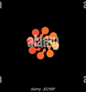 Isolated abstract round shape orange color logo, dotted stylized sun logotype on black background,swirl vector illustration. Stock Vector