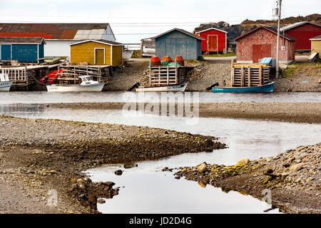 Fishing stages in Trout River, Gros Morne National Park, Newfoundland, Canada Stock Photo