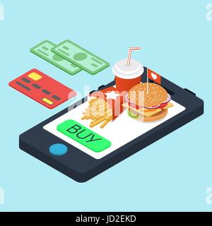 Vector isometric concept for online purchase of fast food. Vector illustration of isometric food: burger, French fries and cola. Fast food concept. Stock Vector