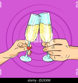 Vector hand drawn pop art illustration of man and woman hands holding glasses of champagne. Retro style. Cheering with glasses. Hand drawn sign. Illus Stock Vector