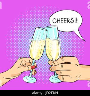 Vector hand drawn pop art illustration of man and woman hands holding glasses of champagne. Retro style. Speech bubble and the word "Cheers" in it. Ha Stock Vector