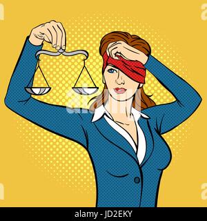 Vector hand drawn pop art illustration of young woman with the Libra in her hand. Concept for Themis and the Law. Retro style. Hand drawn sign. Illust Stock Vector