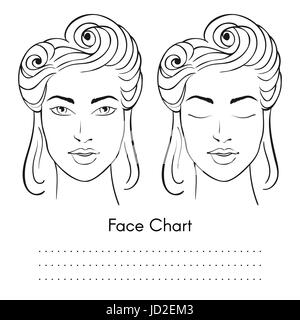 Vector beautiful woman face chart portrait. Female face with open and closed eyes. Blank template for artist makeup. Stock Vector
