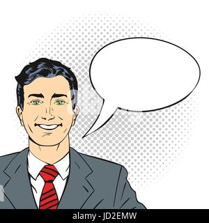 Vector hand drawn pop art illustration of happy smiling businessman. Empty speech bubble. Retro style. Hand drawn sign. Illustration for print, web. Stock Vector