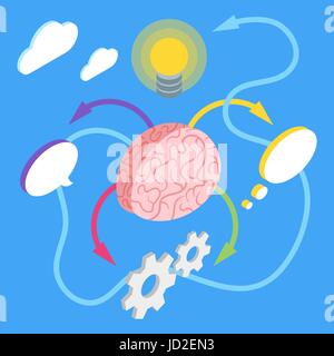 Vector isometric illustration of brain with various objects. Concept for creativity and searching for new ideas. Light bulb as a symbol of new idea. Stock Vector