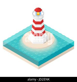 Vector illustration of isometric lighthouse. Searchlight tower in ocean. Stock Vector