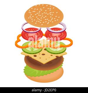 Vector illustration of burger on white background. Cheeseburger ingredients arranged in separate layers. Isometric design. Stock Vector