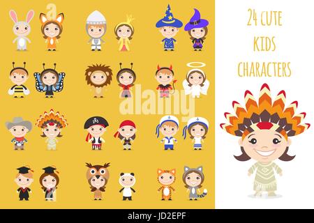 Set of vector different colorful cartoon kids characters in different costumes. Stock Vector