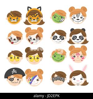 Vector illustration of kids faces. Face painting for kids. Cartoon characters. Various Kids masks. Stock Vector