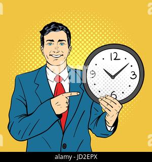 Vector hand drawn pop art illustration of businessman holding wall watch in his hands and pointing on it. Retro style. Hand drawn sign. Illustration f Stock Vector