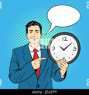 Vector hand drawn pop art illustration of businessman holding wall watch in his hands and pointing on it. Empty speech bubble. Retro style. Hand drawn Stock Vector