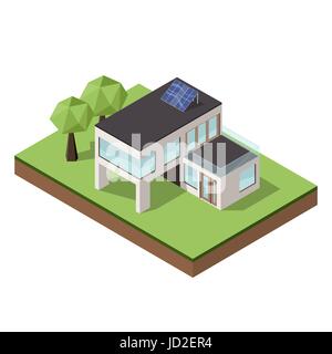 Vector illustration of isometric large private modern cottage or house for real estate brochures or web icon. Modern architecture concept. Stock Vector