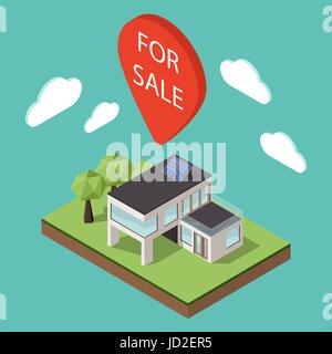 Vector illustration of isometric large private modern cottage or house for real estate brochures or web icon. Map pointer over the house with the word Stock Vector