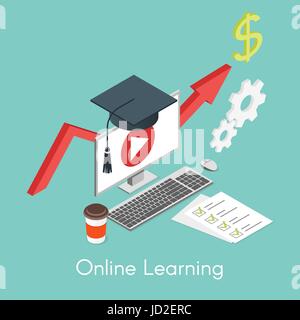 Vector isometric concept for online learning, education and self-development. Computer and graduation cap. Stock Vector