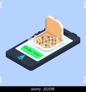 Vector concept of online pizza order. Isometric smartphone with the button "Order now". Food pizza delivery service. Stock Vector