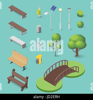 Vector set of isometric park objects: bench, trash box, trees and lamps. Park bridge. Stock Vector