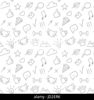 Vector seamless doodle hand drawn pattern with social icons. Background. Cat, star, speech bubble and mountains. Stock Vector