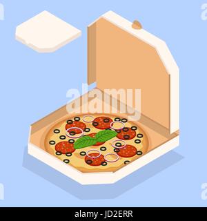 Vector illustration of pizza. Tasty pizza in the box. Isometric design. Stock Vector
