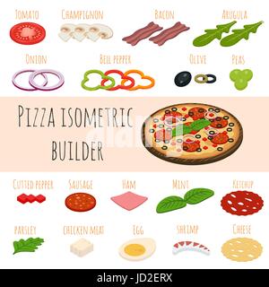 Vector set of isometric food icons. Ingredients for pizza. Ham, onions, sausage, cheese, mushrooms and other elements to build custom tasty pizza. Stock Vector