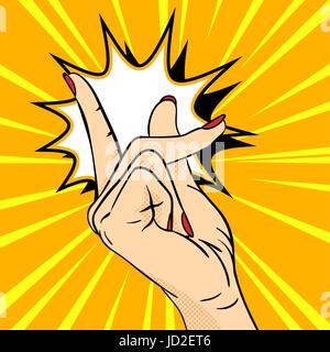 Vector hand drawn pop art illustration of hand. Hand gesture, a snap of the fingers. Retro style. Hand drawn sign. Illustration for print, web. Stock Vector