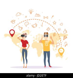 Vector illustration background with cartoon characters, man and woman with virtual reality glasses. Concept for social communication. Stock Vector