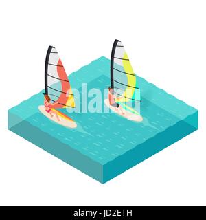 Vector isometric illustration of windsurfers. Man and woman on vacation. Concept for extreme sport. Windsurfing. Sea. Summer vacation. Stock Vector