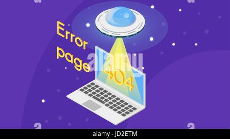 Vector 404 error page template for website. The ufo flying above the notebook. Alien spaceship. Stock Vector