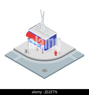 Isometric 3d illustration of barbershop with scissors on the top. Stock Vector