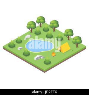 Isometric 3d illustration of forest camp. Forest landscape. Stock Vector