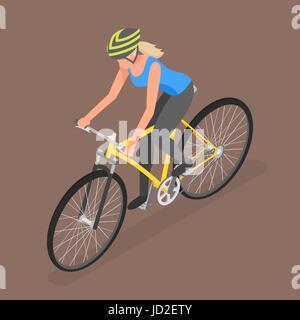 Isometric woman on bicycle. Flat style, fitness, people, sport. Stock Vector