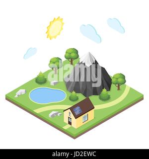 Isometric 3d illustration of house in the mountains. Outdoor landscape. Stock Vector