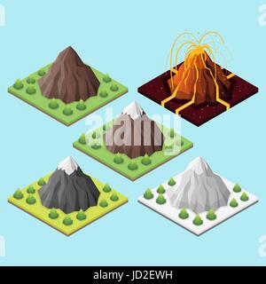 Isometric 3d set of mountains and volcano. Mountains in seasons. Stock Vector