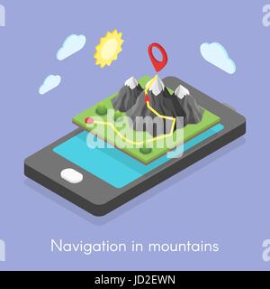 Isometric 3d concept illustration of mobile map and navigation in mountains. Stock Vector
