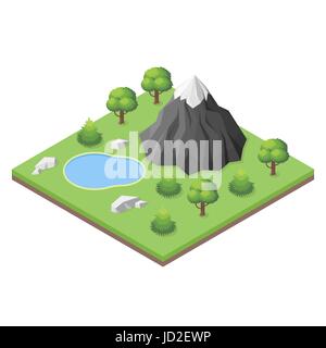Isometric 3d illustration of mountain lake in the woods. Stock Vector