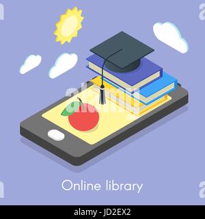 Vector isometric concept for online library, education and self-development. Smartphone and books. Stock Vector