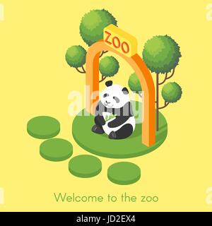 Vector isometric illustration of panda. Welcome to the zoo concept. Panda holding bamboo branch. Stock Vector