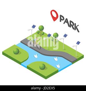 Vector isometric illustration of park. Bicycle, tree, swan, fitness, people, sport. Stock Vector