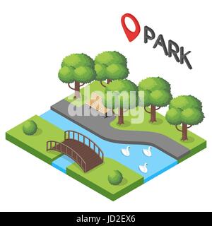 Vector isometric illustration of park. Pond with swans. Stock Vector