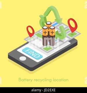 Vector isometric concept for online search of battery recycling location. Map with map pointers. Stock Vector