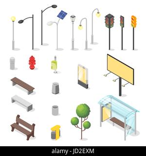Vector set of isometric city objects. Various urban elements: bus stop, bench, traffic light. Stock Vector